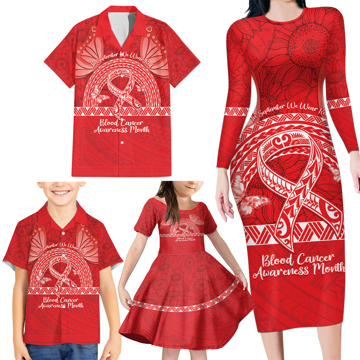 Personalised In September We Wear Red Family Matching Long Sleeve Bodycon Dress and Hawaiian Shirt Polynesia Blood Cancer Awareness