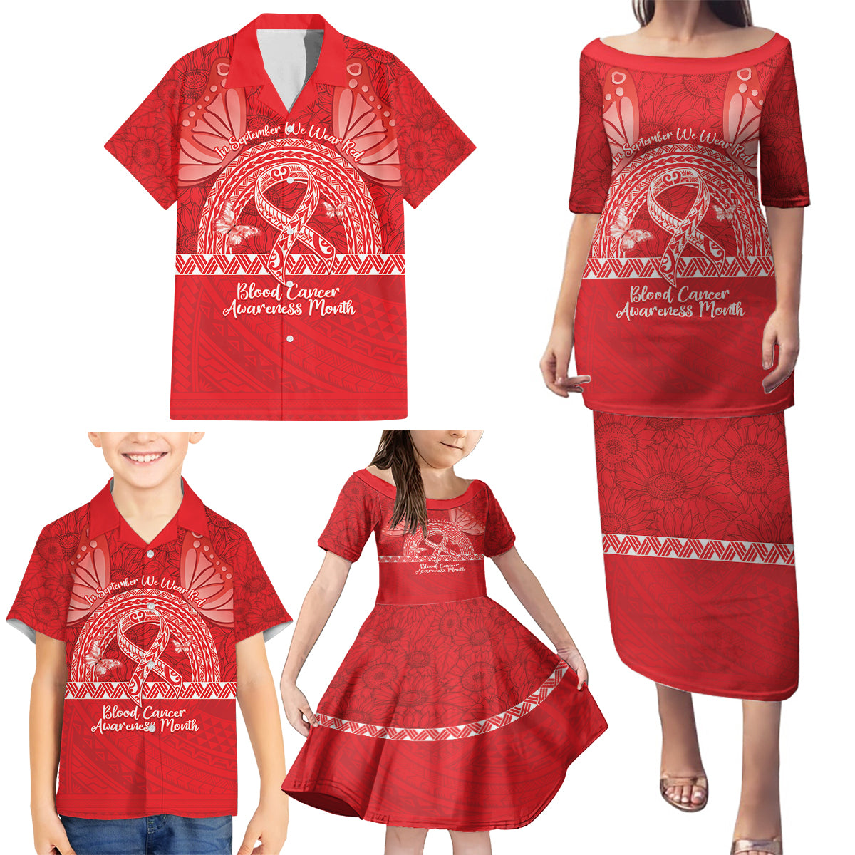 Personalised In September We Wear Red Family Matching Puletasi and Hawaiian Shirt Polynesia Blood Cancer Awareness