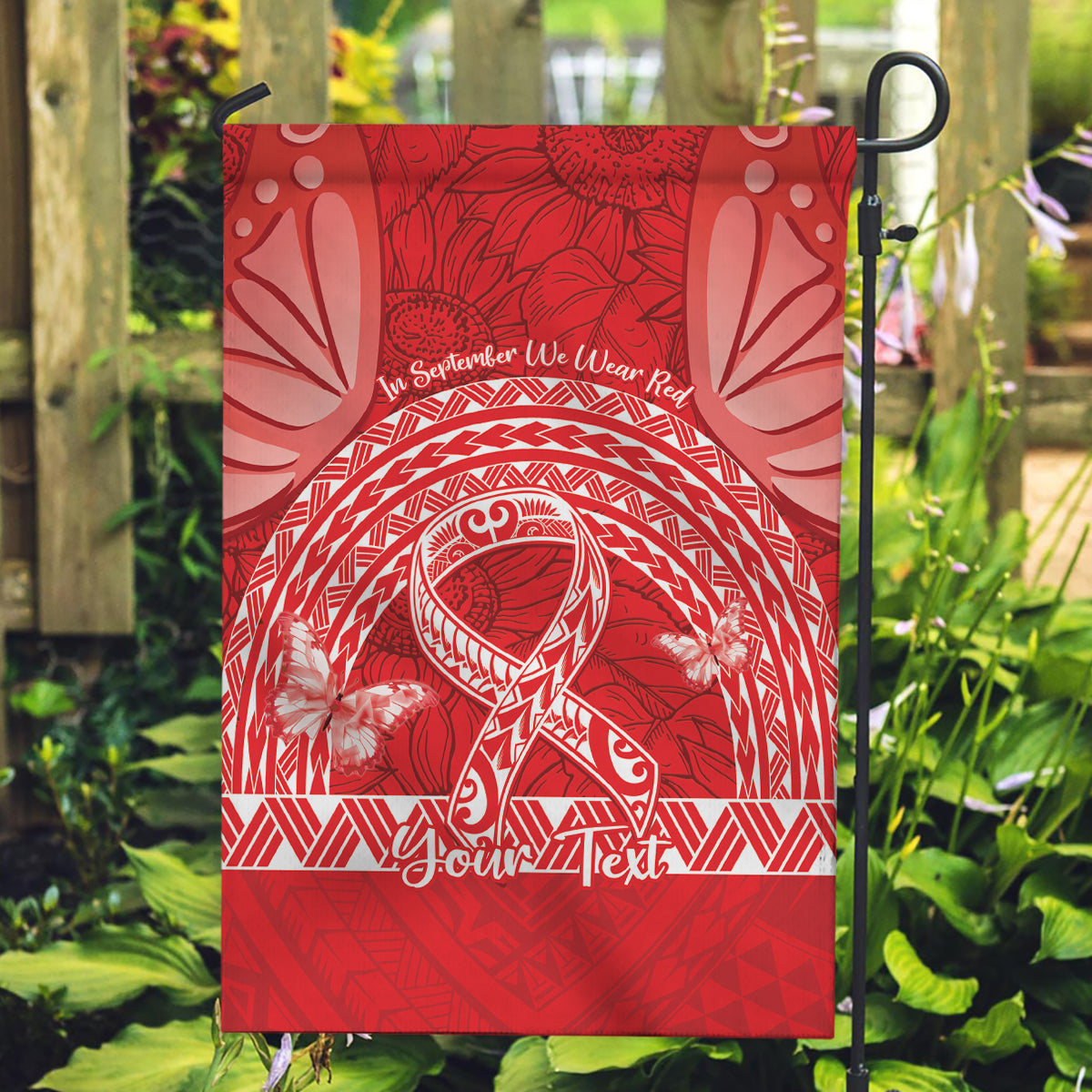 Personalised In September We Wear Red Garden Flag Polynesia Blood Cancer Awareness