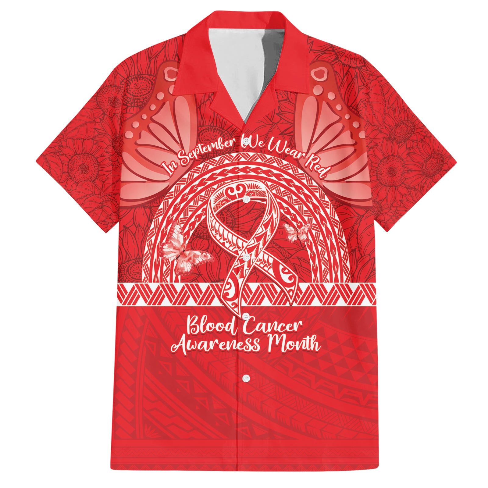 Personalised In September We Wear Red Hawaiian Shirt Polynesia Blood Cancer Awareness