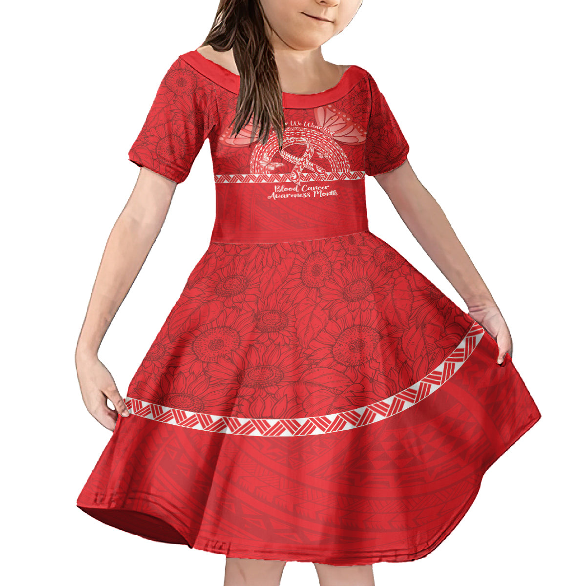 Personalised In September We Wear Red Kid Short Sleeve Dress Polynesia Blood Cancer Awareness