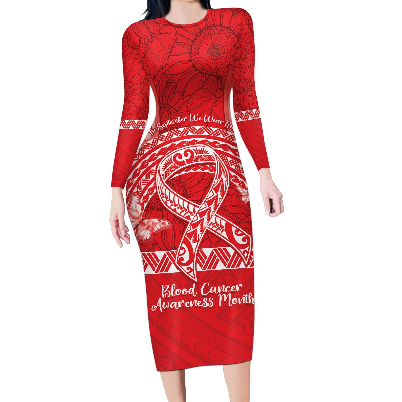 Personalised In September We Wear Red Long Sleeve Bodycon Dress Polynesia Blood Cancer Awareness