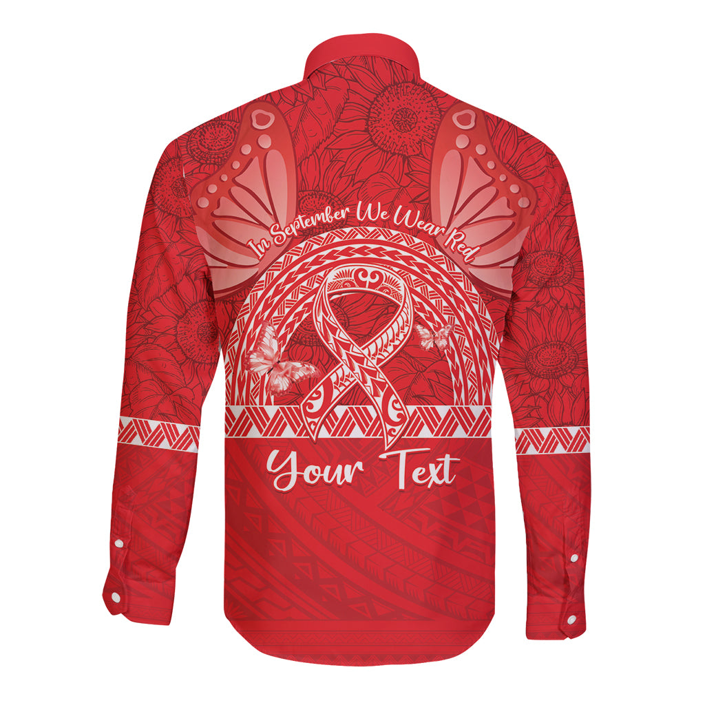 Personalised In September We Wear Red Long Sleeve Button Shirt Polynesia Blood Cancer Awareness