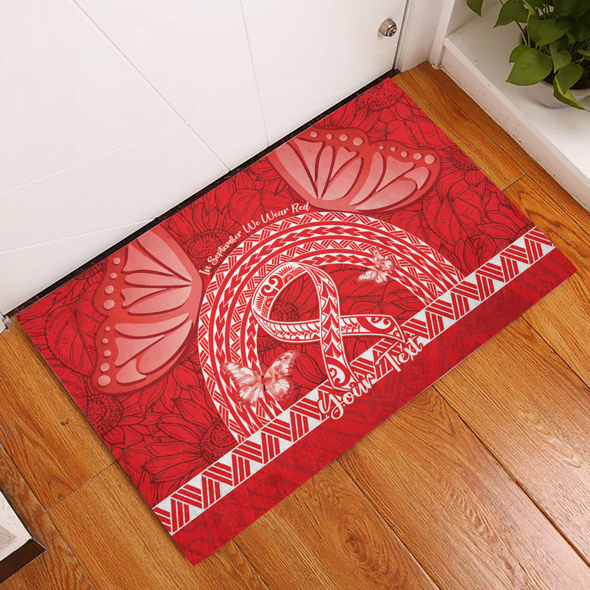 Personalised In September We Wear Red Rubber Doormat Polynesia Blood Cancer Awareness