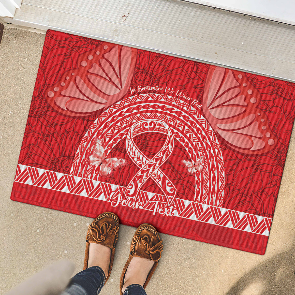 Personalised In September We Wear Red Rubber Doormat Polynesia Blood Cancer Awareness