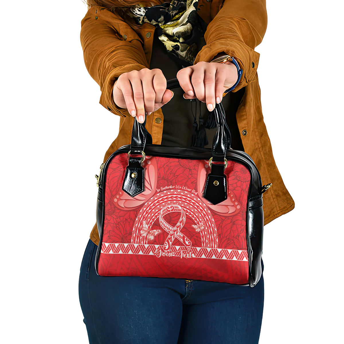 Personalised In September We Wear Red Shoulder Handbag Polynesia Blood Cancer Awareness