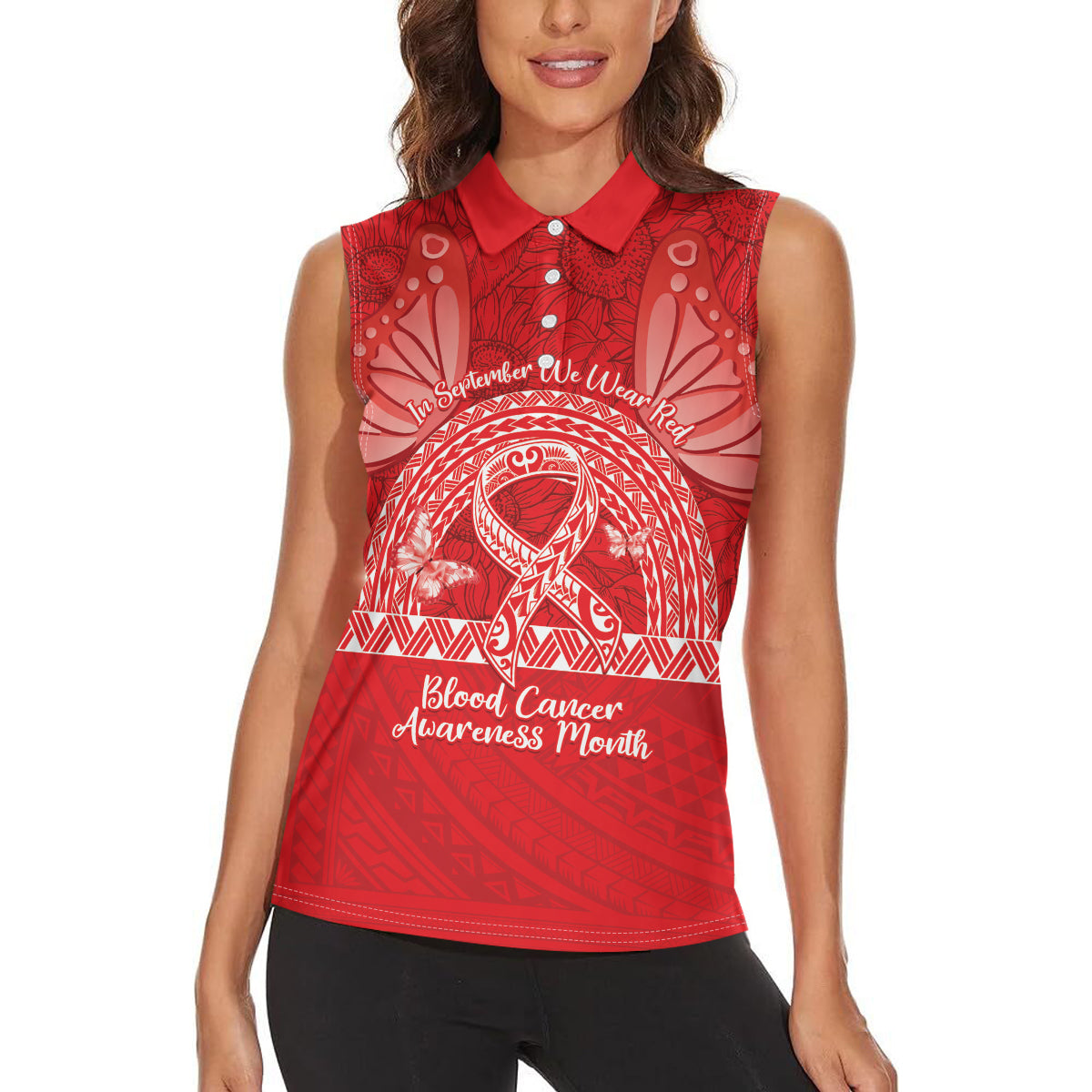 Personalised In September We Wear Red Women Sleeveless Polo Shirt Polynesia Blood Cancer Awareness