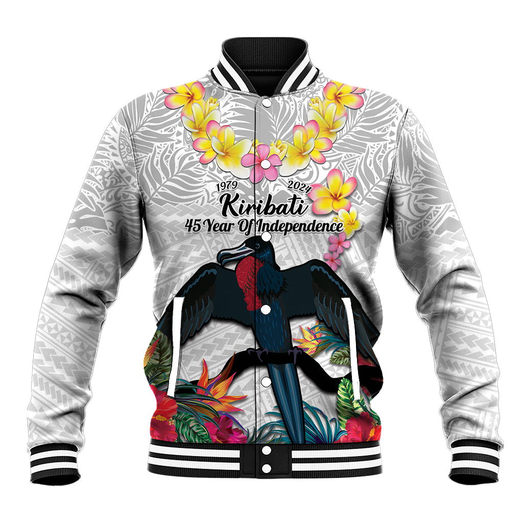 Kiribati Independence Day Baseball Jacket Frigatebird Mix Tropical Flowers - White Style