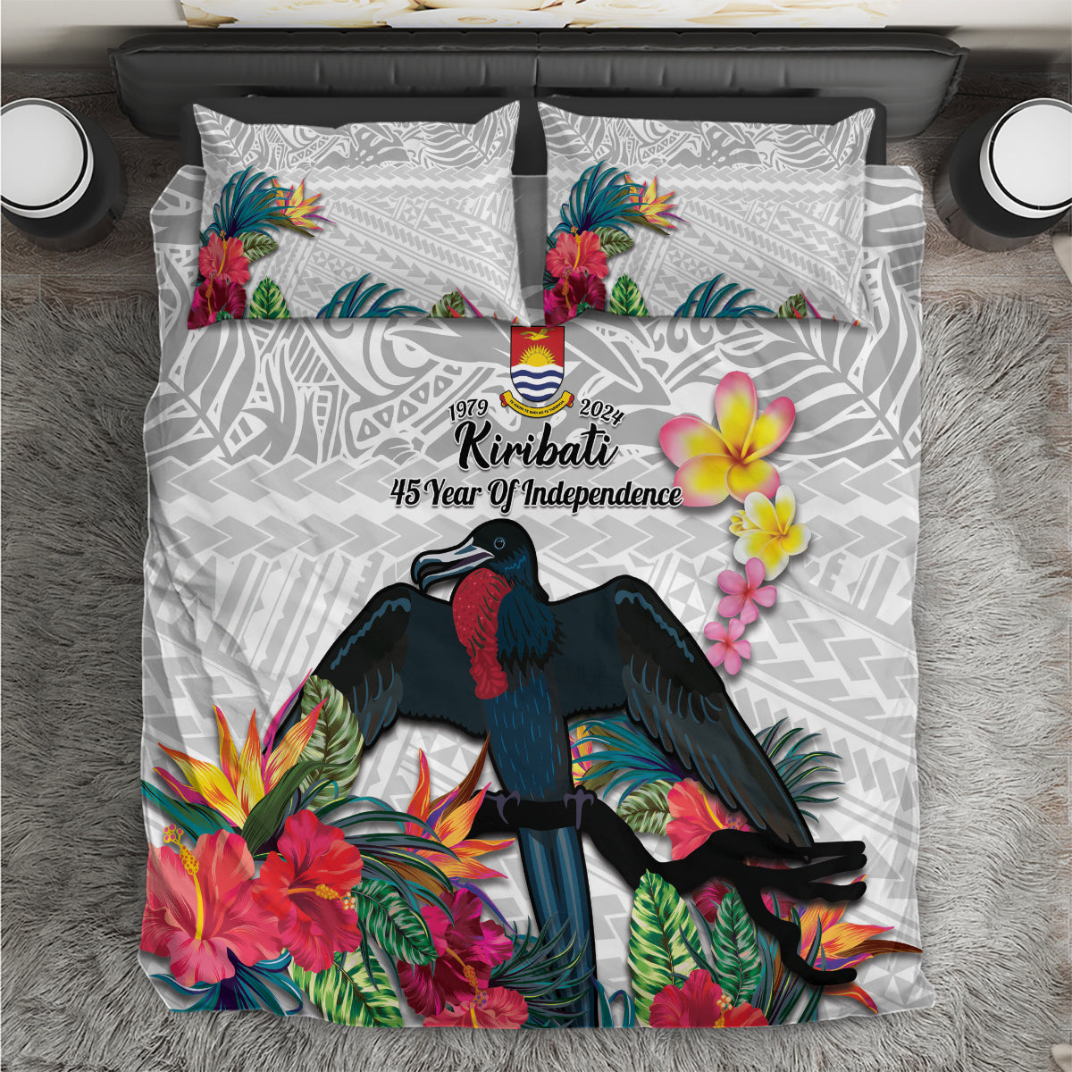 Kiribati Independence Day Bedding Set Frigatebird Mix Tropical Flowers - White Style LT14 White - Polynesian Pride