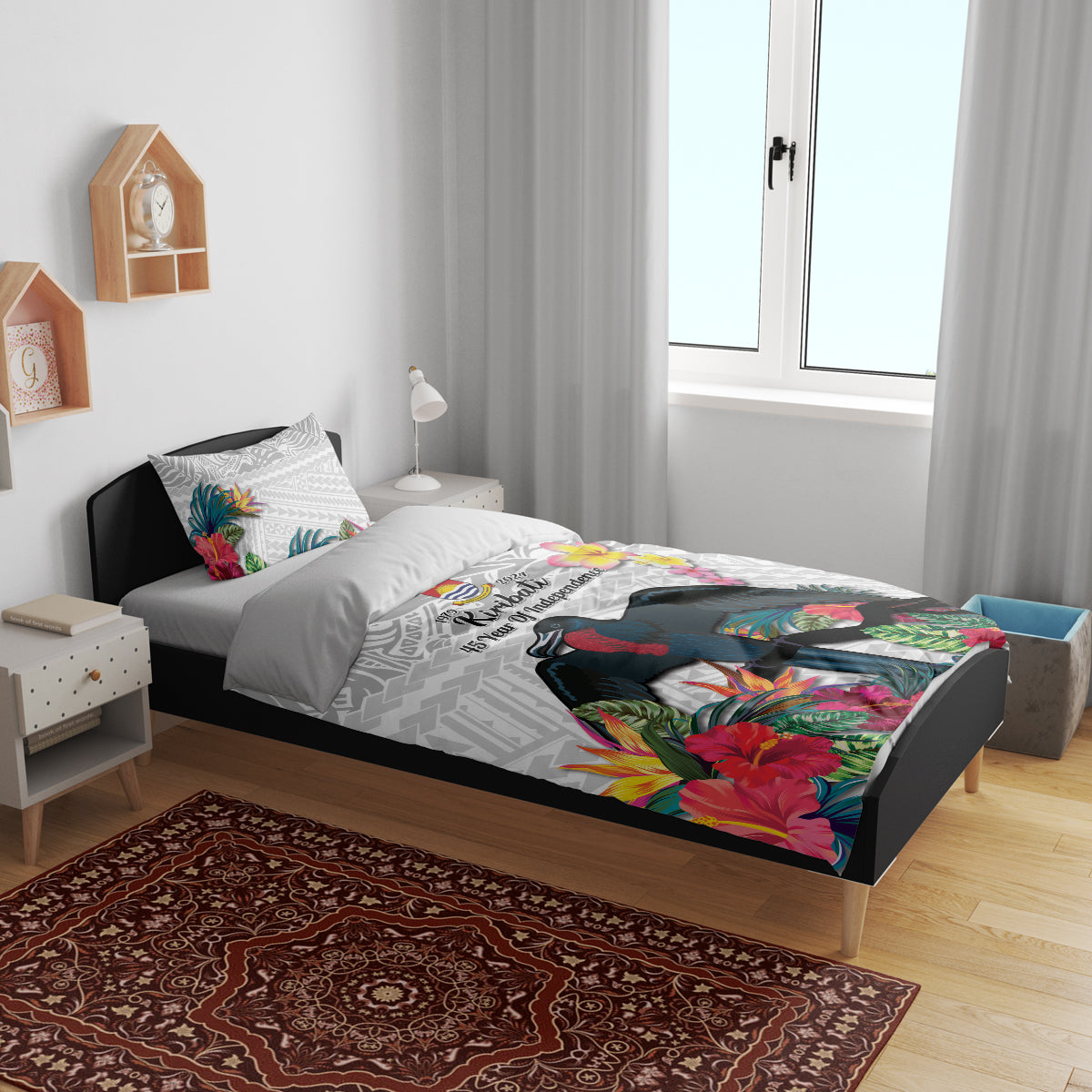 Kiribati Independence Day Bedding Set Frigatebird Mix Tropical Flowers - White Style LT14 - Polynesian Pride