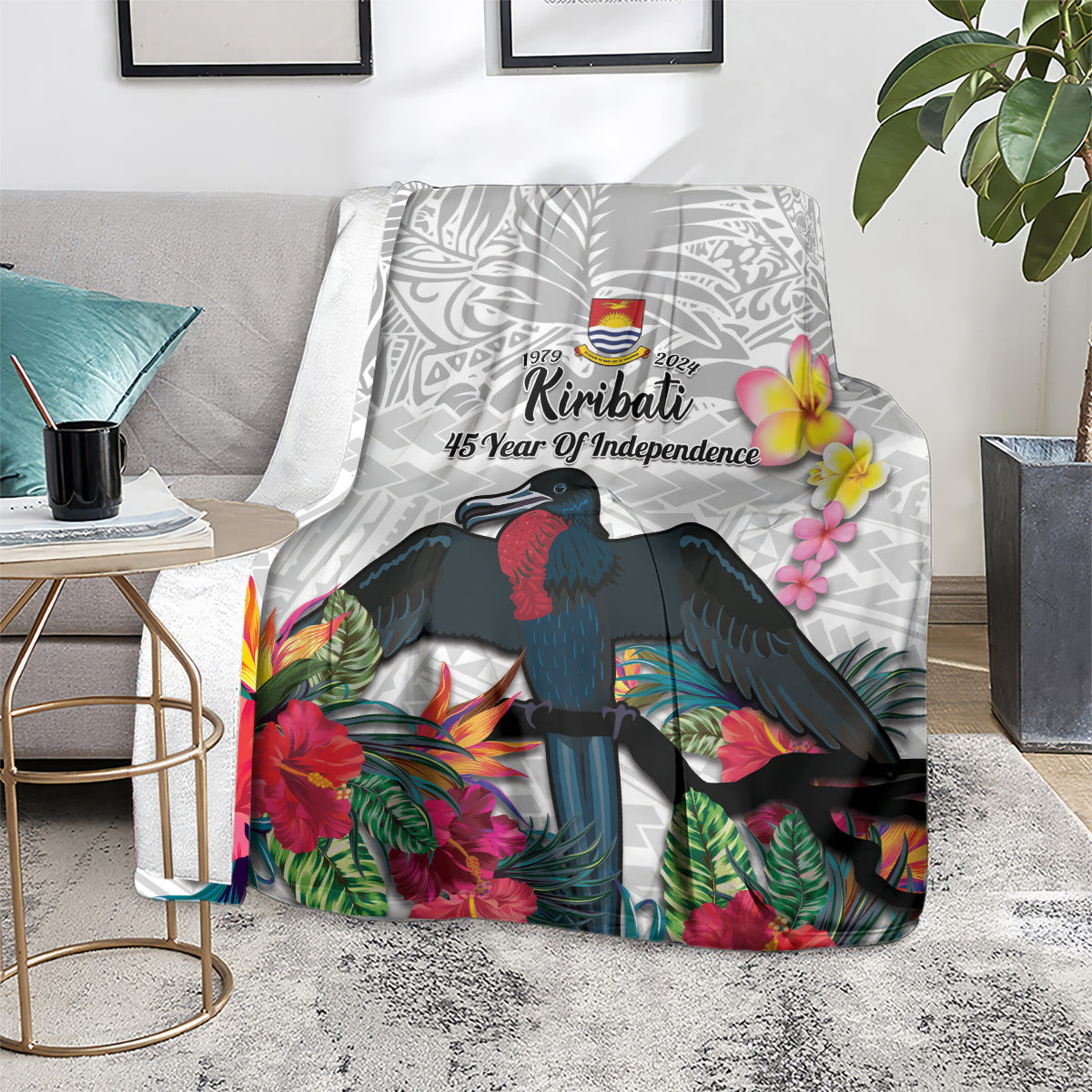 Kiribati Independence Day Blanket Frigatebird Mix Tropical Flowers - White Style LT14 - Polynesian Pride