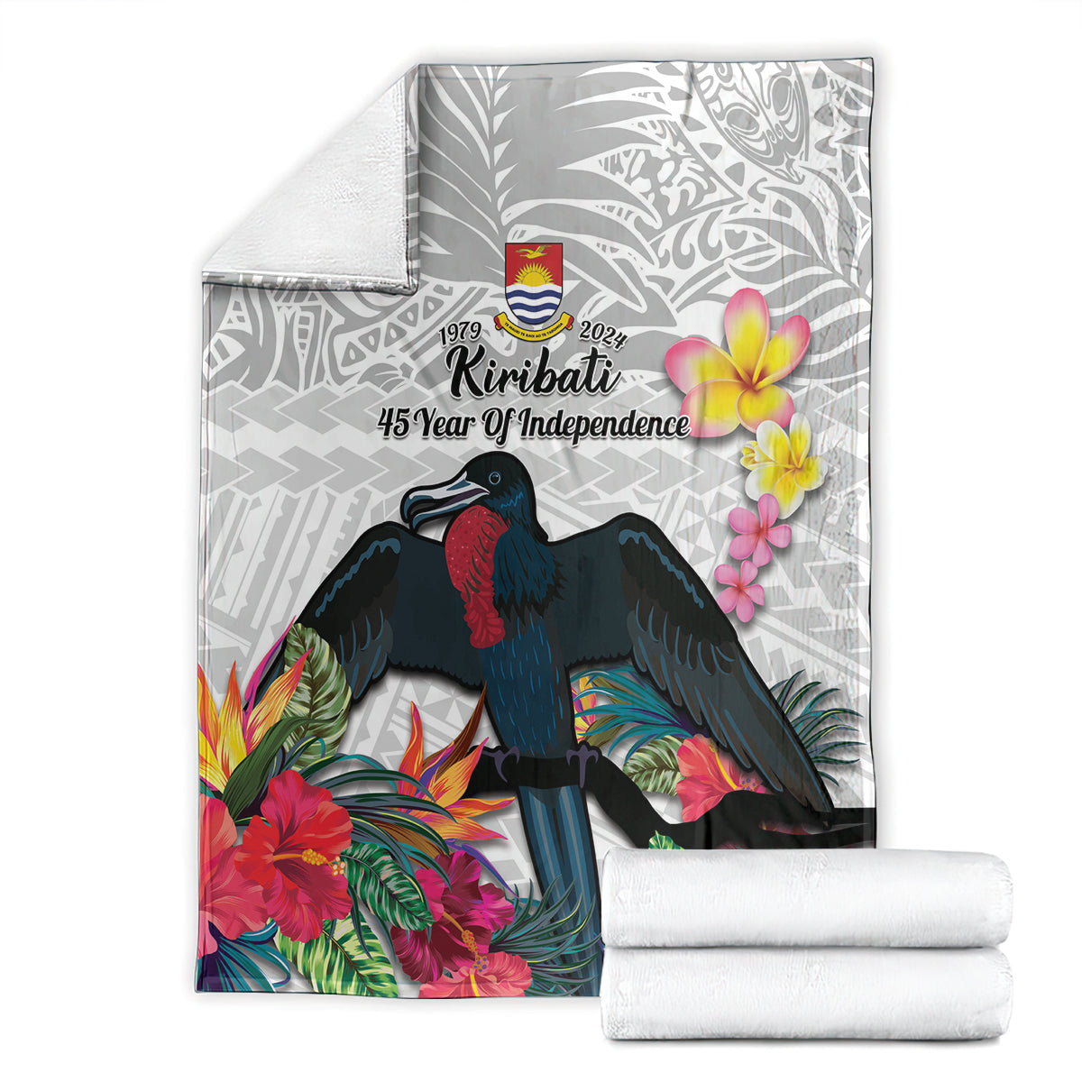 Kiribati Independence Day Blanket Frigatebird Mix Tropical Flowers - White Style LT14 - Polynesian Pride