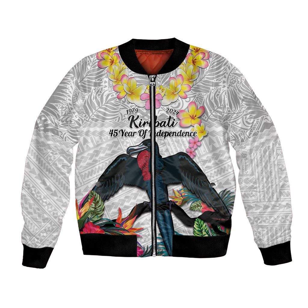 Kiribati Independence Day Bomber Jacket Frigatebird Mix Tropical Flowers - White Style LT14 Unisex White - Polynesian Pride