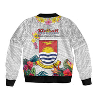 Kiribati Independence Day Bomber Jacket Frigatebird Mix Tropical Flowers - White Style LT14 - Polynesian Pride