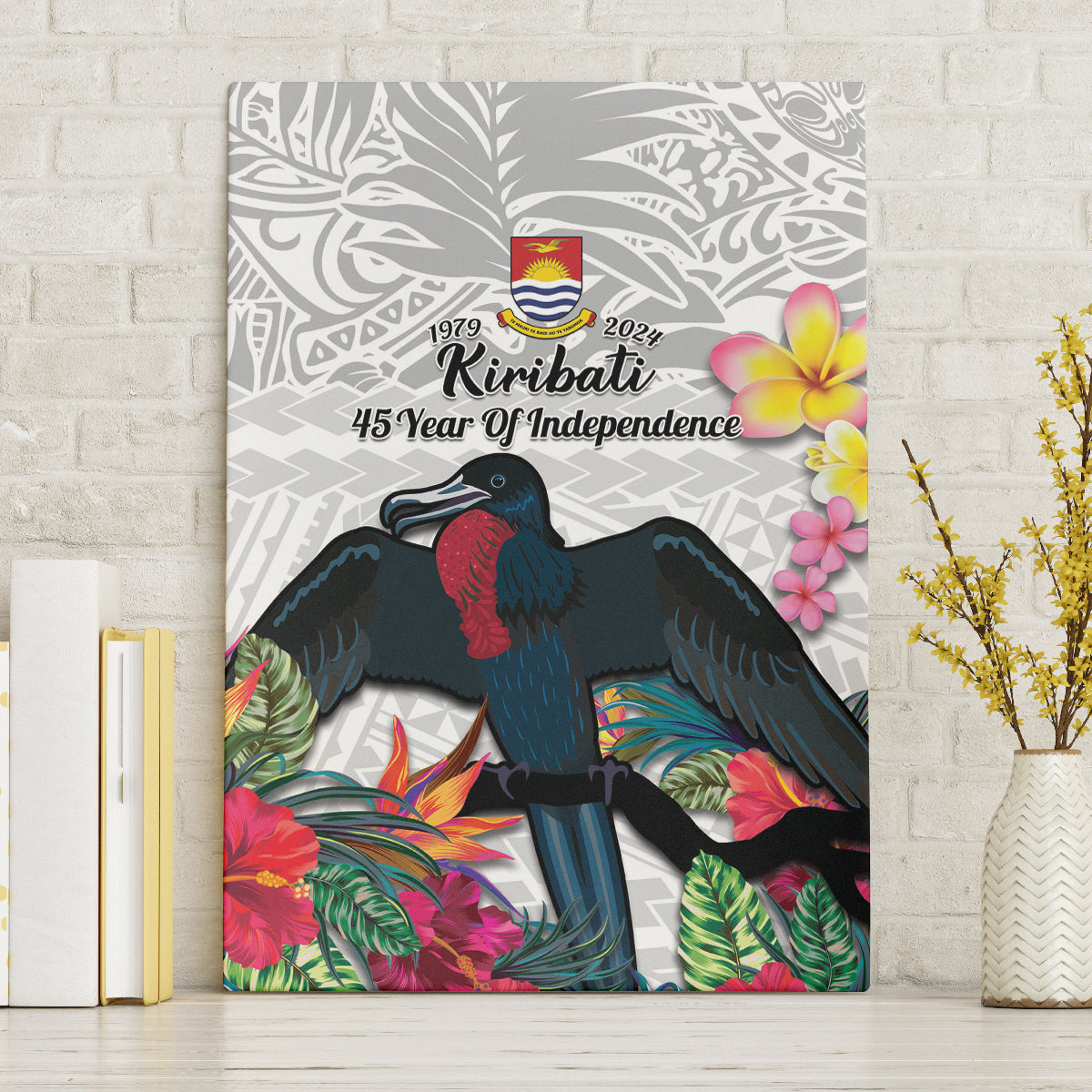 Kiribati Independence Day Canvas Wall Art Frigatebird Mix Tropical Flowers - White Style LT14 Without Frame White - Polynesian Pride