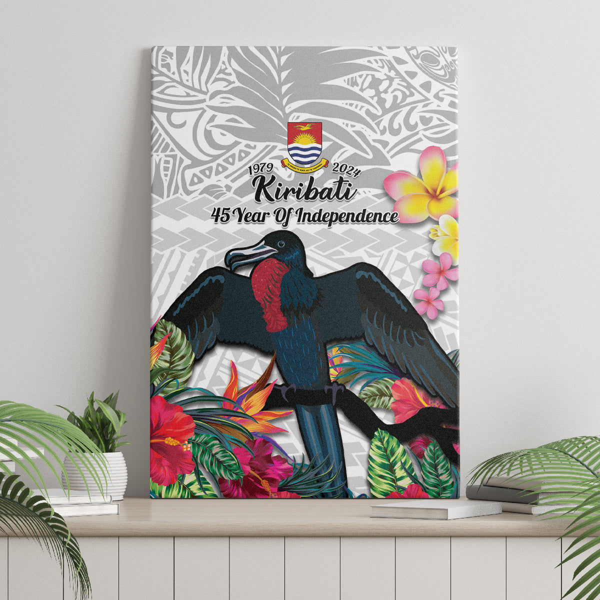 Kiribati Independence Day Canvas Wall Art Frigatebird Mix Tropical Flowers - White Style LT14 - Polynesian Pride