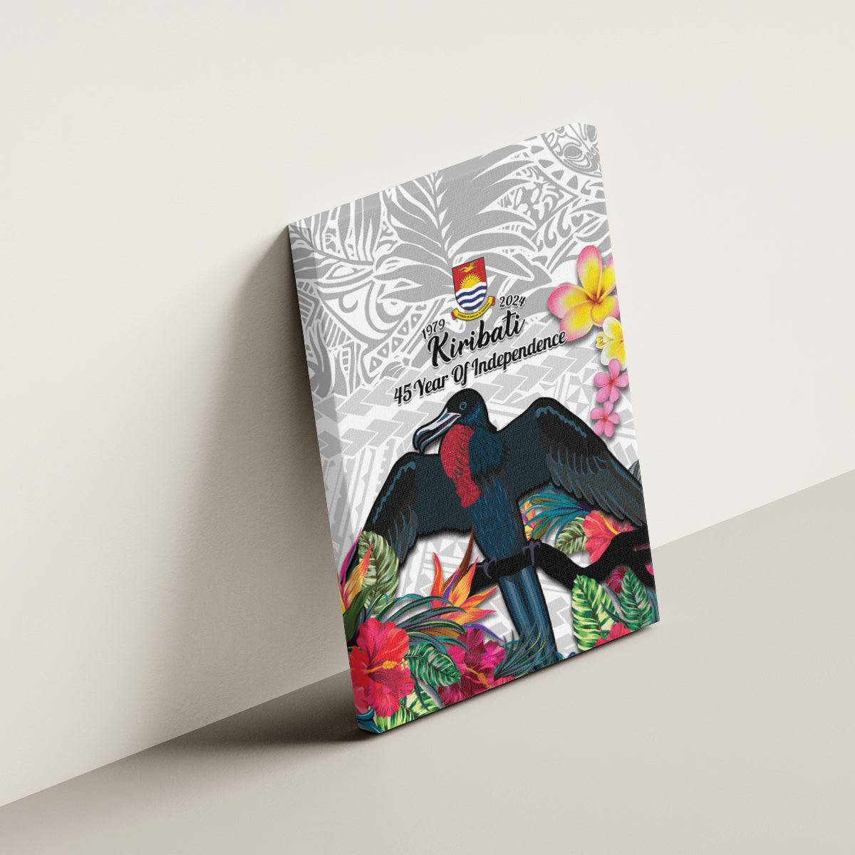 Kiribati Independence Day Canvas Wall Art Frigatebird Mix Tropical Flowers - White Style LT14 - Polynesian Pride