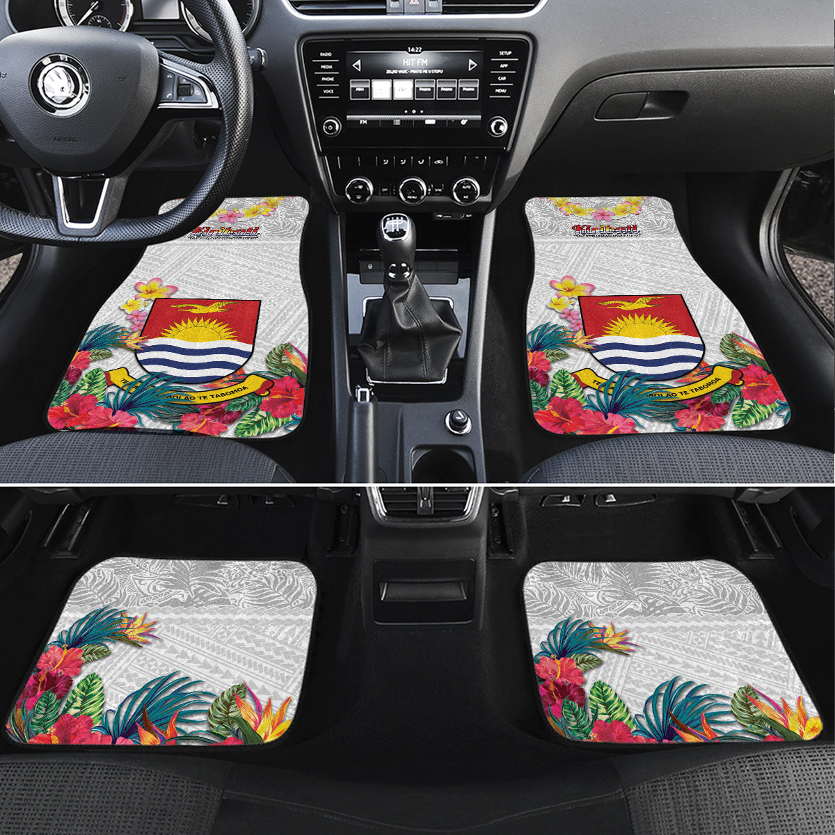 Kiribati Independence Day Car Mats Frigatebird Mix Tropical Flowers - White Style LT14 Set 4pcs White - Polynesian Pride