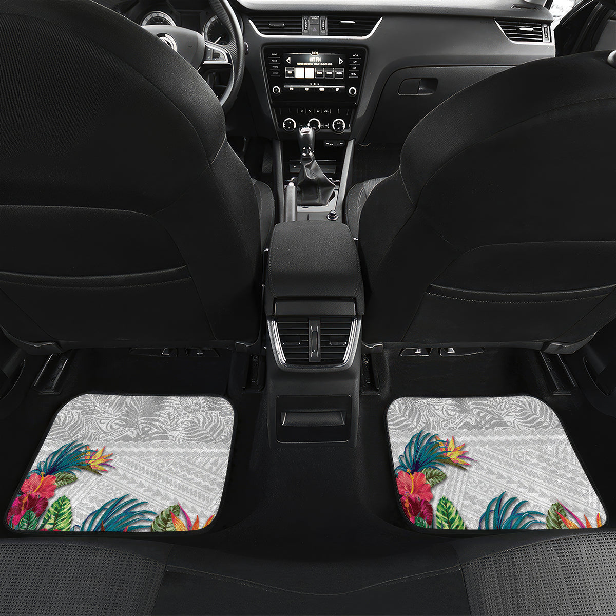 Kiribati Independence Day Car Mats Frigatebird Mix Tropical Flowers - White Style LT14 Set 2pcs - Back White - Polynesian Pride