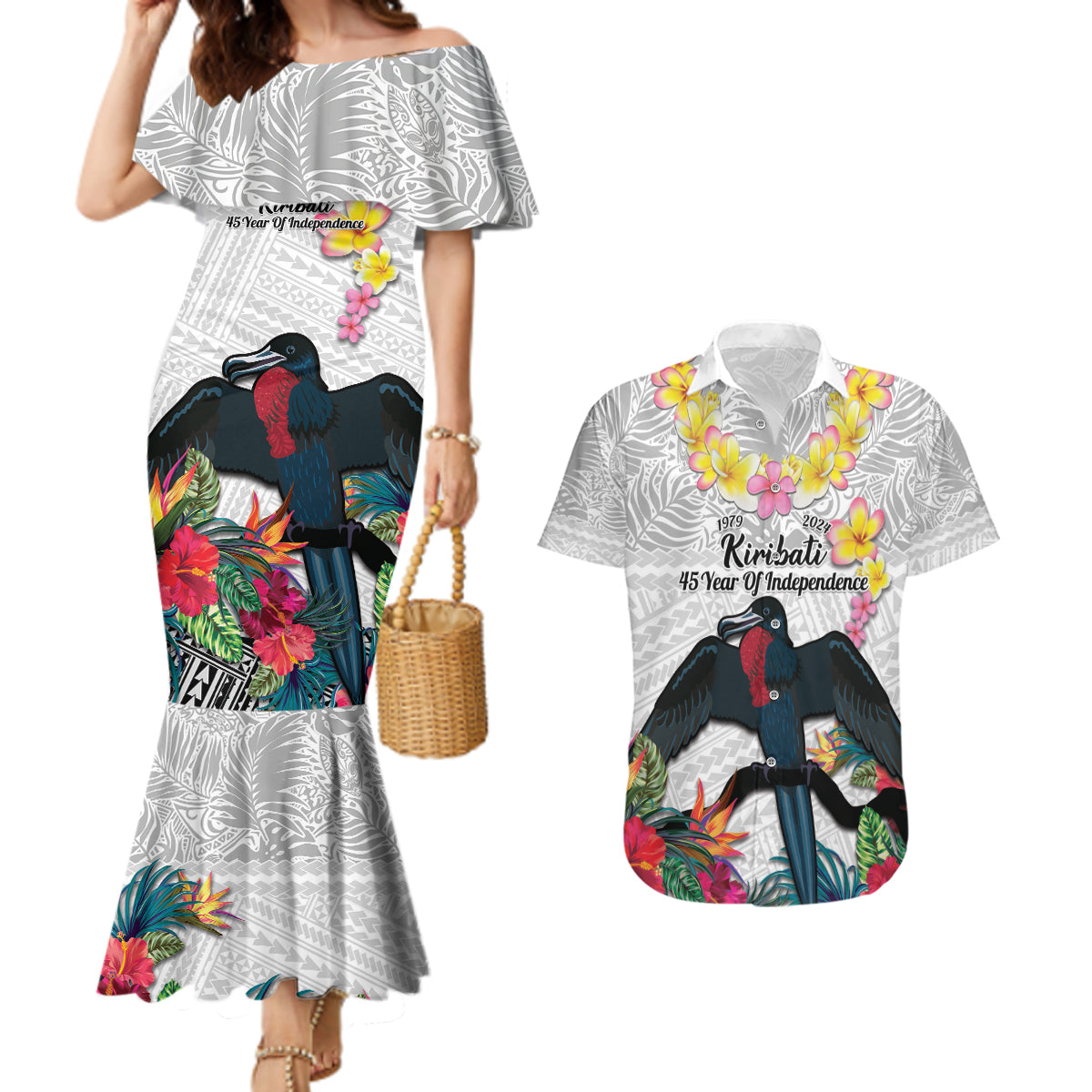 Kiribati Independence Day Couples Matching Mermaid Dress and Hawaiian Shirt Frigatebird Mix Tropical Flowers - White Style