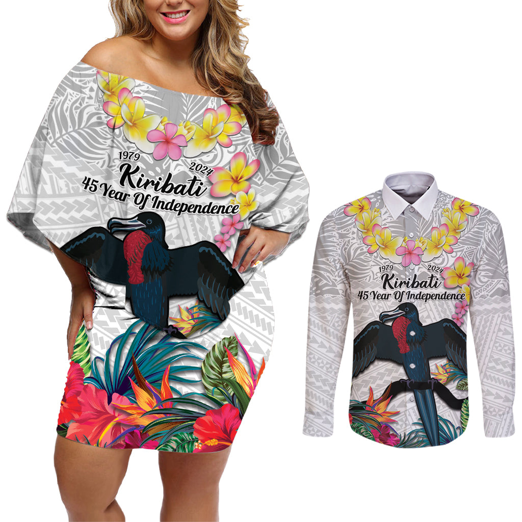 Kiribati Independence Day Couples Matching Off Shoulder Short Dress and Long Sleeve Button Shirt Frigatebird Mix Tropical Flowers - White Style