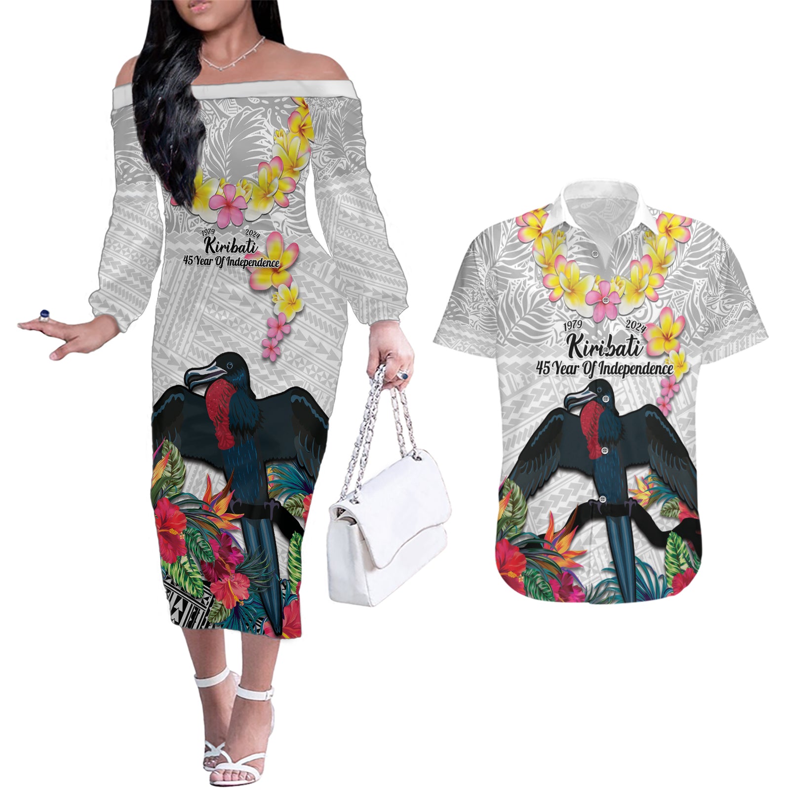 Kiribati Independence Day Couples Matching Off The Shoulder Long Sleeve Dress and Hawaiian Shirt Frigatebird Mix Tropical Flowers - White Style LT14 White - Polynesian Pride