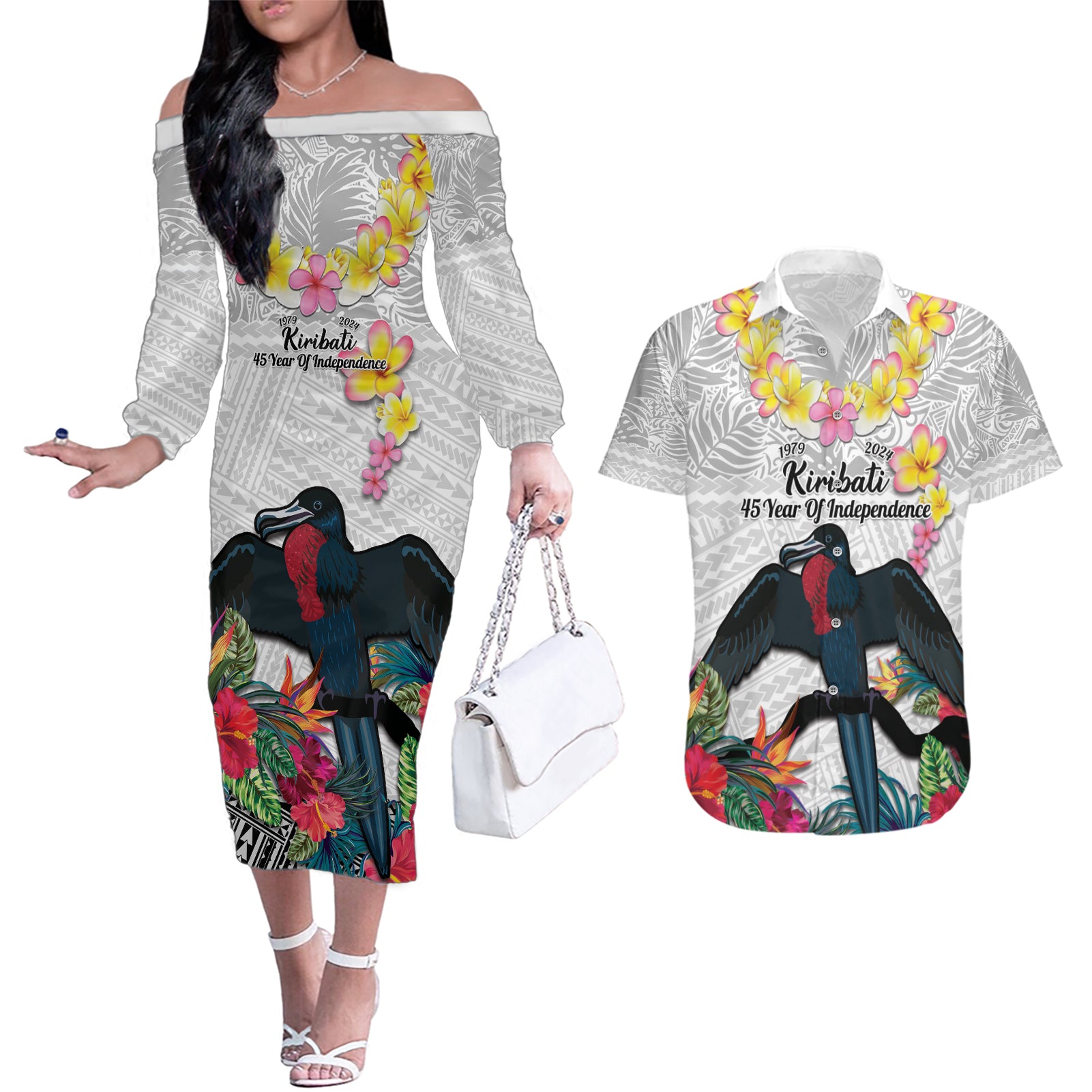 Kiribati Independence Day Couples Matching Off The Shoulder Long Sleeve Dress and Hawaiian Shirt Frigatebird Mix Tropical Flowers - White Style