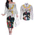 Kiribati Independence Day Couples Matching Off The Shoulder Long Sleeve Dress and Long Sleeve Button Shirt Frigatebird Mix Tropical Flowers - White Style