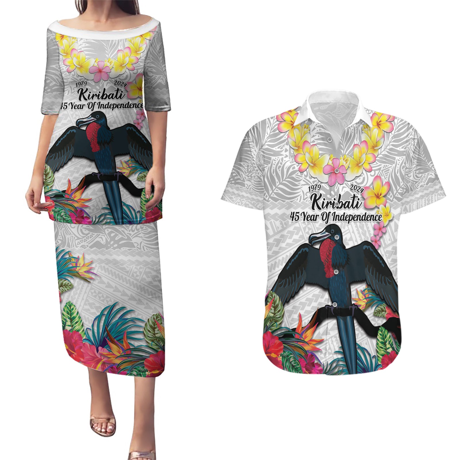Kiribati Independence Day Couples Matching Puletasi and Hawaiian Shirt Frigatebird Mix Tropical Flowers - White Style LT14 White - Polynesian Pride