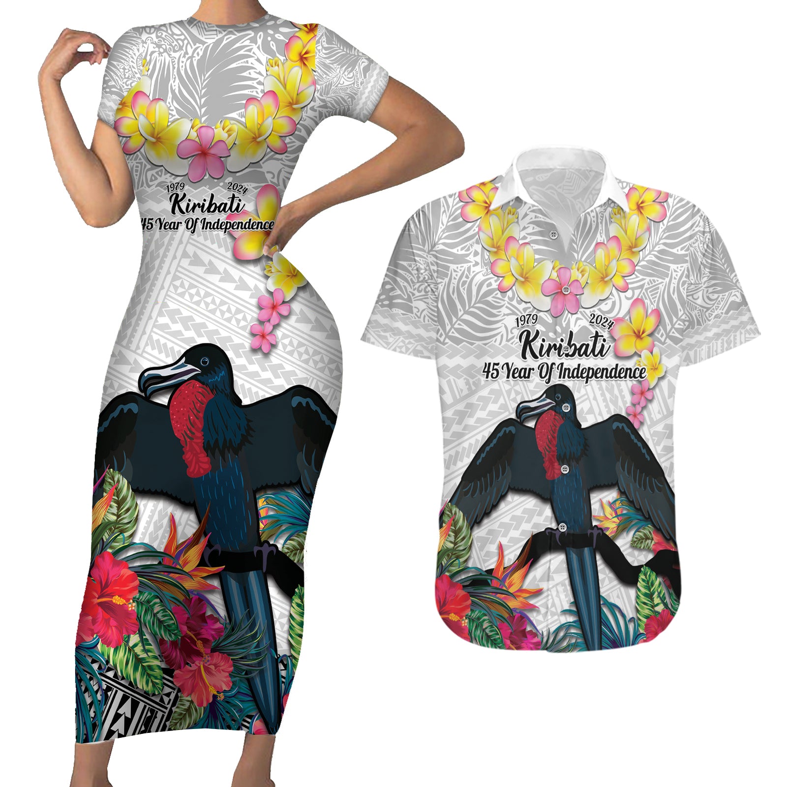 Kiribati Independence Day Couples Matching Short Sleeve Bodycon Dress and Hawaiian Shirt Frigatebird Mix Tropical Flowers - White Style LT14 White - Polynesian Pride