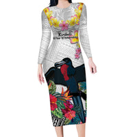 Kiribati Independence Day Family Matching Long Sleeve Bodycon Dress and Hawaiian Shirt Frigatebird Mix Tropical Flowers - White Style