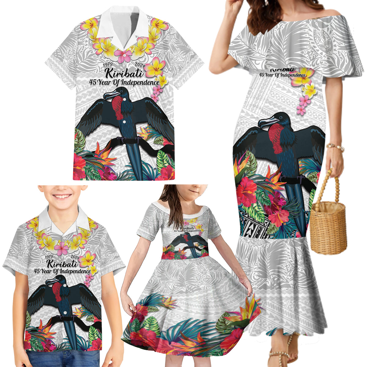 Kiribati Independence Day Family Matching Mermaid Dress and Hawaiian Shirt Frigatebird Mix Tropical Flowers - White Style LT14 - Polynesian Pride
