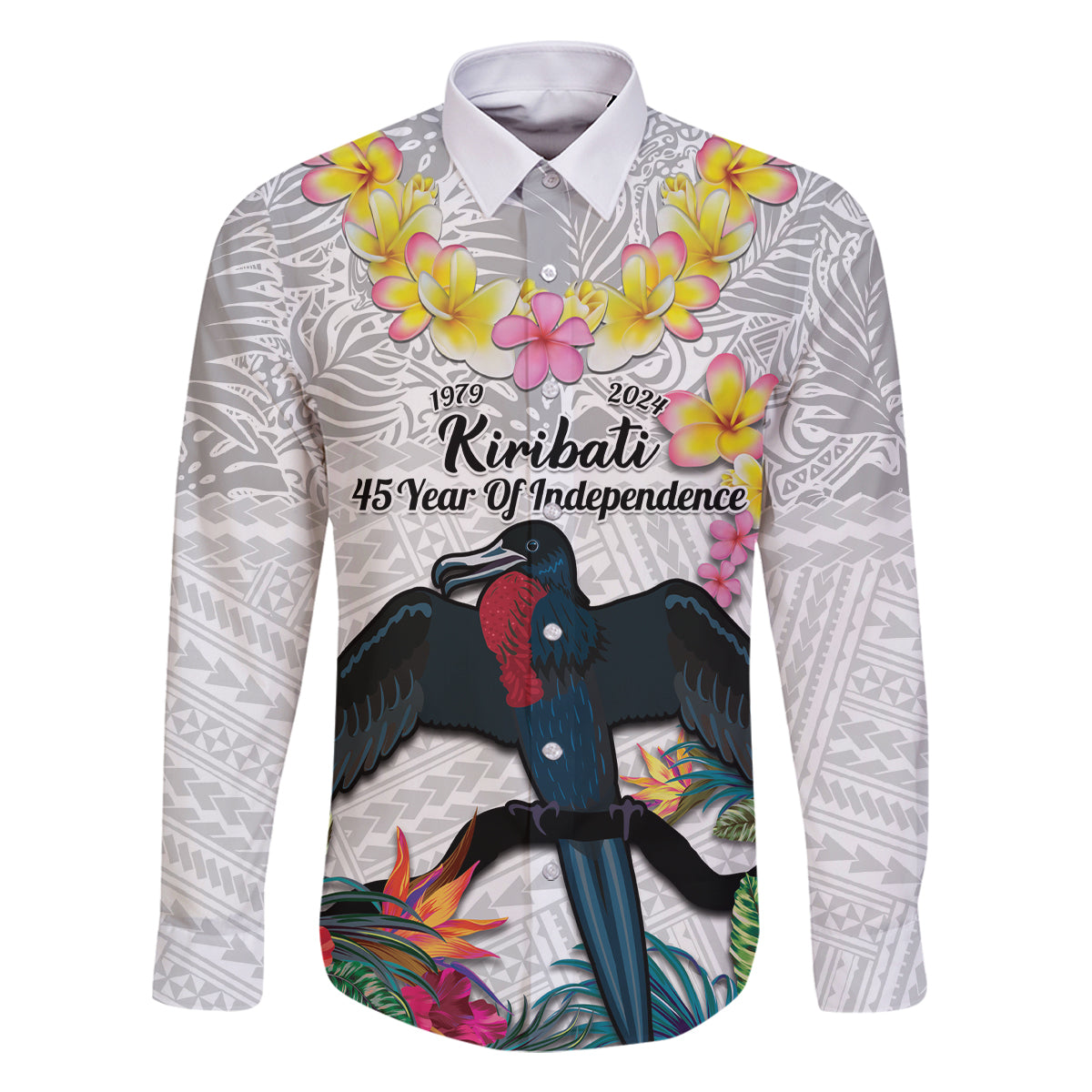 Kiribati Independence Day Family Matching Off Shoulder Maxi Dress and Hawaiian Shirt Frigatebird Mix Tropical Flowers - White Style
