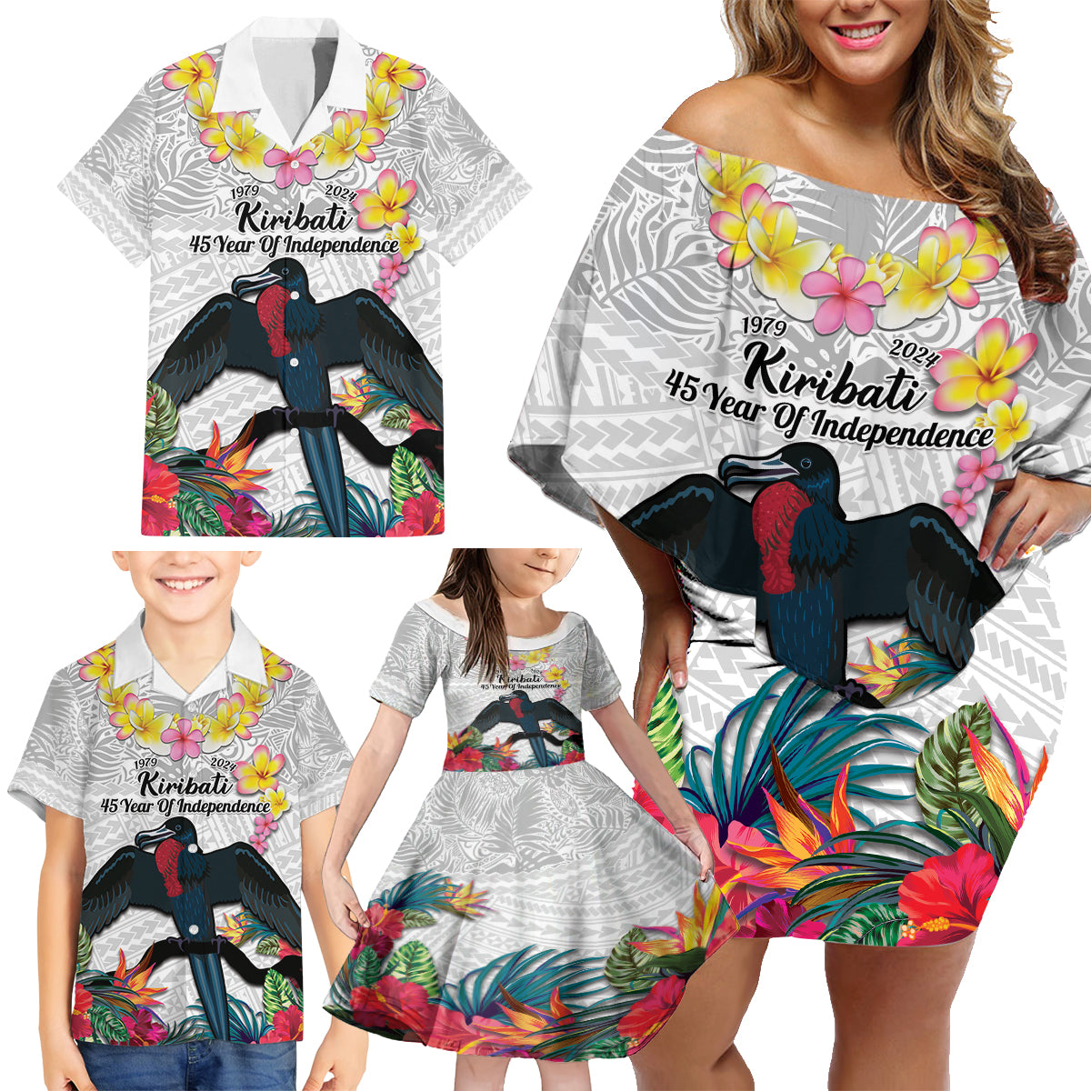 Kiribati Independence Day Family Matching Off Shoulder Short Dress and Hawaiian Shirt Frigatebird Mix Tropical Flowers - White Style