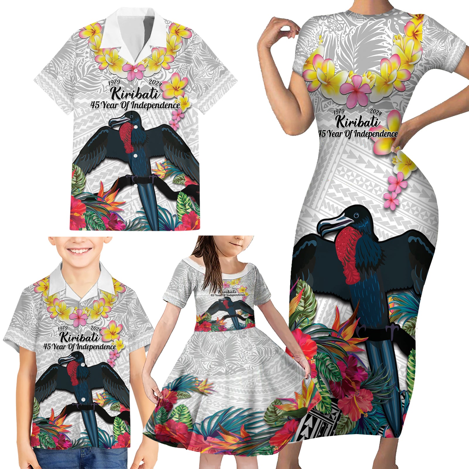 Kiribati Independence Day Family Matching Short Sleeve Bodycon Dress and Hawaiian Shirt Frigatebird Mix Tropical Flowers - White Style LT14 - Polynesian Pride