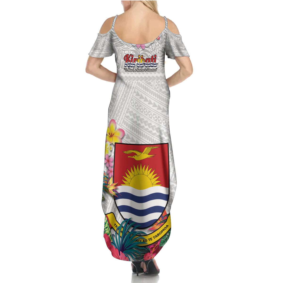 Kiribati Independence Day Family Matching Summer Maxi Dress and Hawaiian Shirt Frigatebird Mix Tropical Flowers - White Style