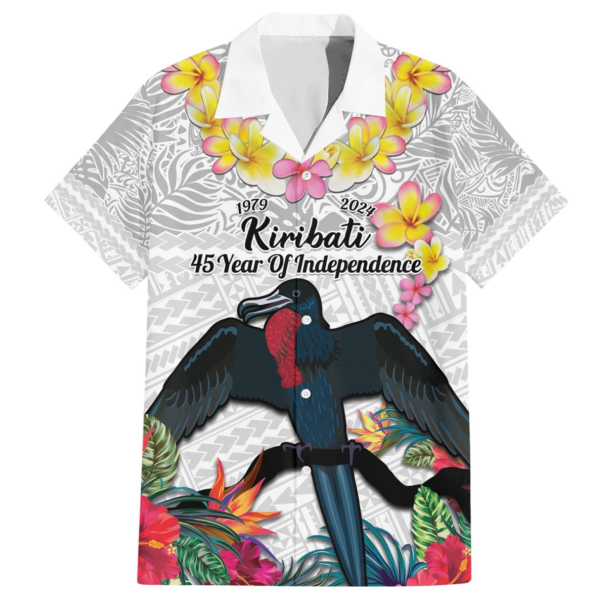 Kiribati Independence Day Hawaiian Shirt Frigatebird Mix Tropical Flowers - White Style LT14 White - Polynesian Pride
