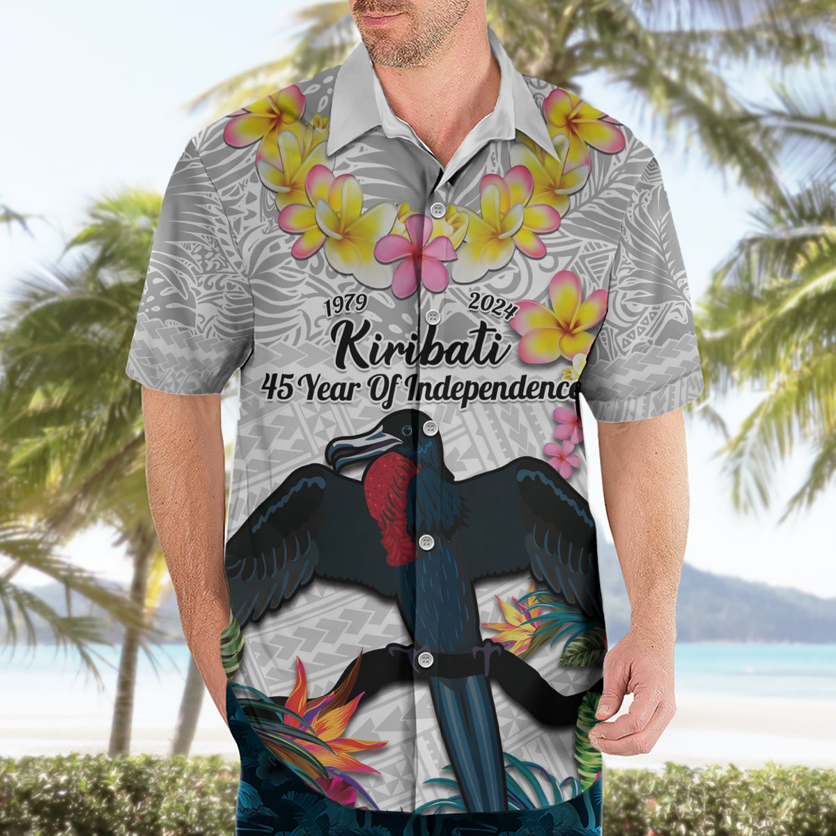 Kiribati Independence Day Hawaiian Shirt Frigatebird Mix Tropical Flowers - White Style LT14 - Polynesian Pride