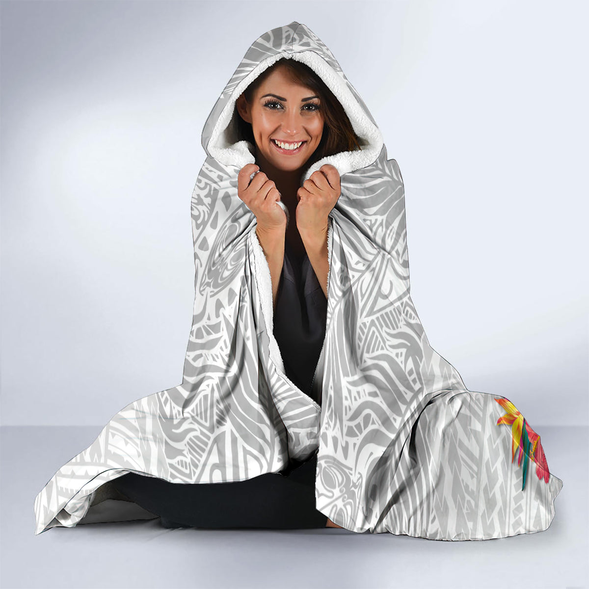 Kiribati Independence Day Hooded Blanket Frigatebird Mix Tropical Flowers - White Style LT14 - Polynesian Pride