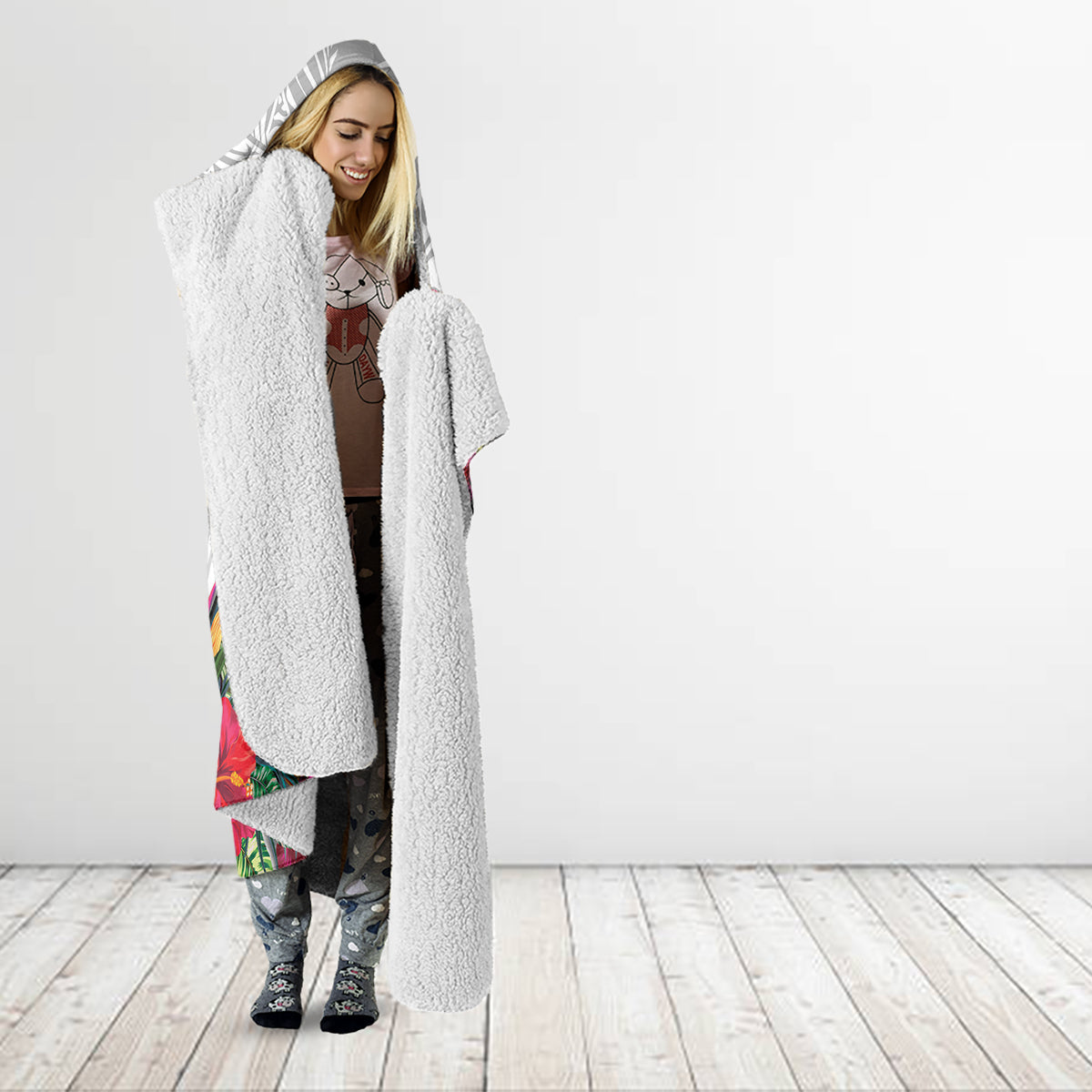 Kiribati Independence Day Hooded Blanket Frigatebird Mix Tropical Flowers - White Style LT14 - Polynesian Pride