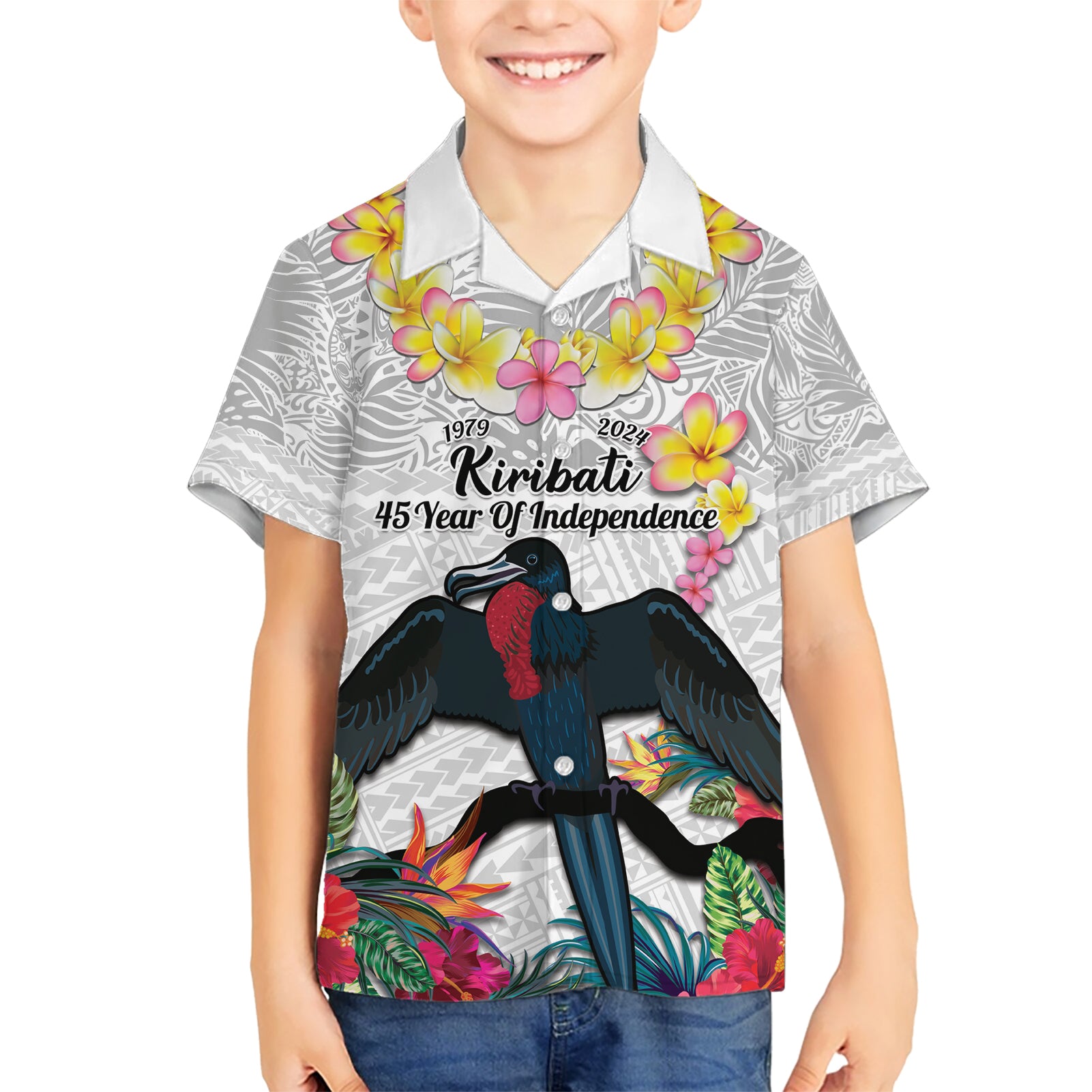 Kiribati Independence Day Kid Hawaiian Shirt Frigatebird Mix Tropical Flowers - White Style