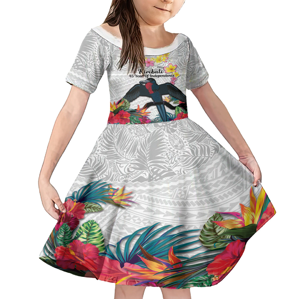 Kiribati Independence Day Kid Short Sleeve Dress Frigatebird Mix Tropical Flowers - White Style