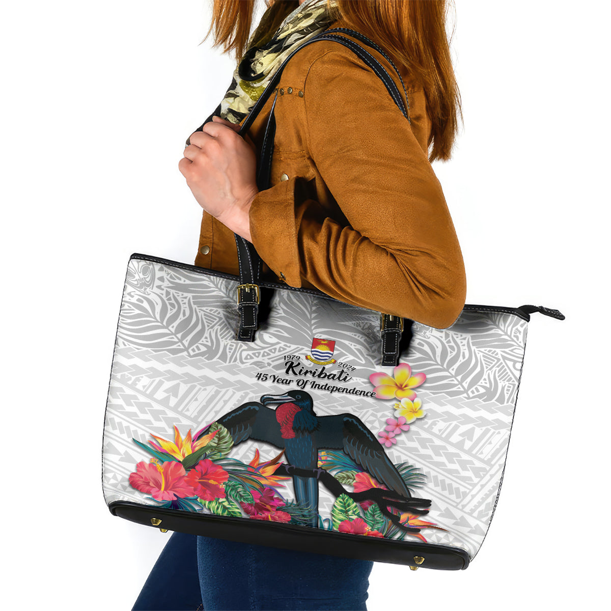 Kiribati Independence Day Leather Tote Bag Frigatebird Mix Tropical Flowers - White Style LT14 White - Polynesian Pride