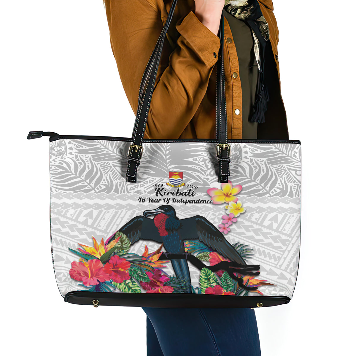 Kiribati Independence Day Leather Tote Bag Frigatebird Mix Tropical Flowers - White Style LT14 - Polynesian Pride