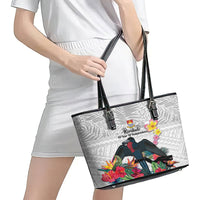 Kiribati Independence Day Leather Tote Bag Frigatebird Mix Tropical Flowers - White Style LT14 - Polynesian Pride