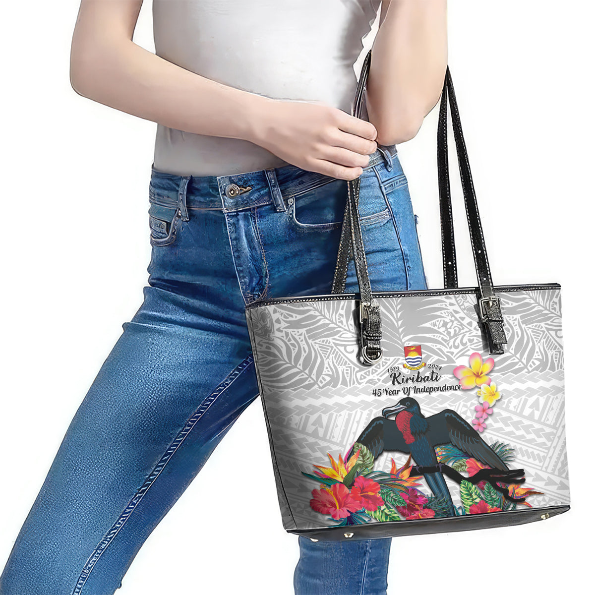 Kiribati Independence Day Leather Tote Bag Frigatebird Mix Tropical Flowers - White Style LT14 - Polynesian Pride