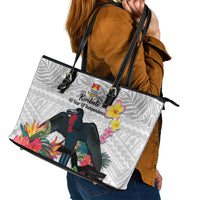 Kiribati Independence Day Leather Tote Bag Frigatebird Mix Tropical Flowers - White Style LT14 - Polynesian Pride