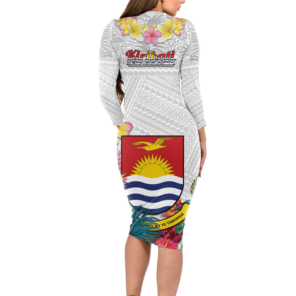 Kiribati Independence Day Long Sleeve Bodycon Dress Frigatebird Mix Tropical Flowers - White Style
