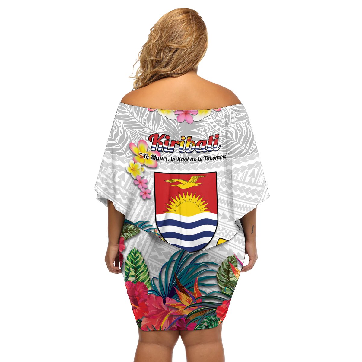 Kiribati Independence Day Off Shoulder Short Dress Frigatebird Mix Tropical Flowers - White Style LT14 - Polynesian Pride