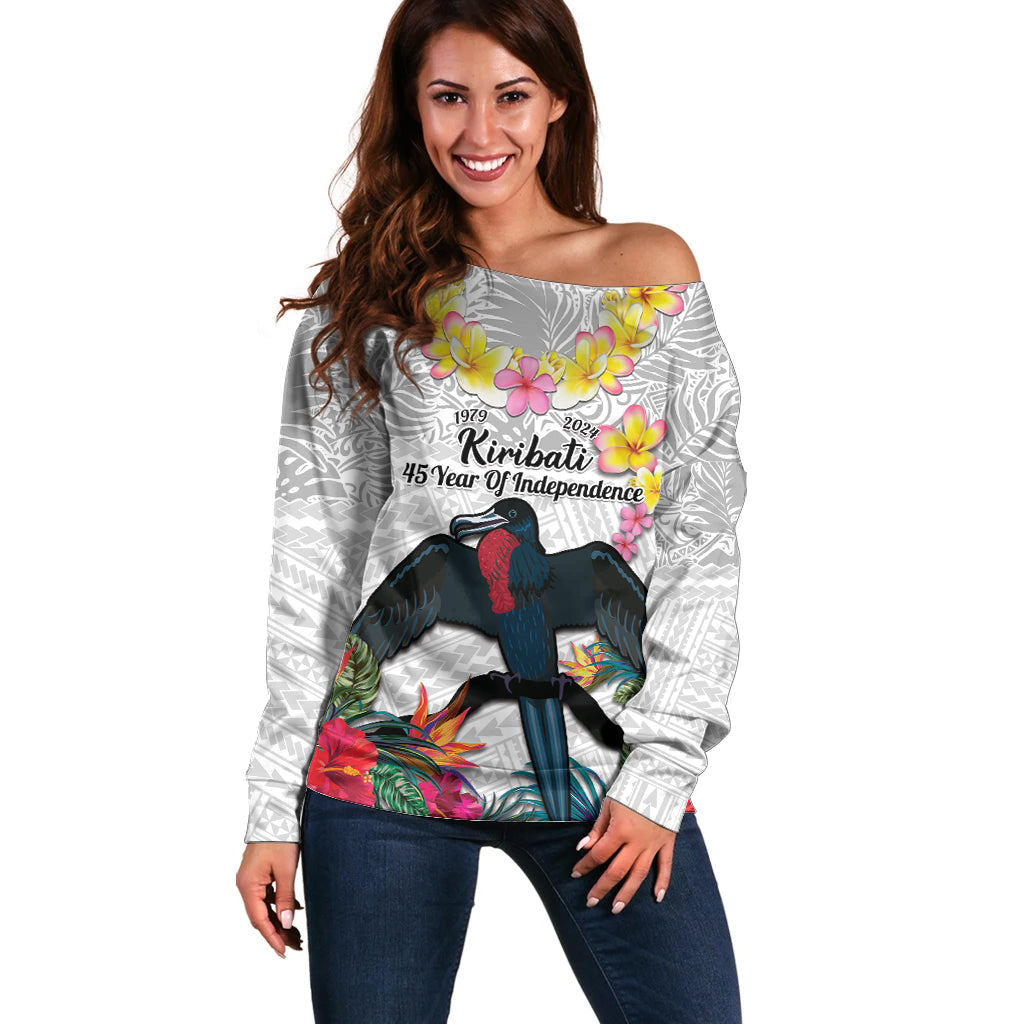 Kiribati Independence Day Off Shoulder Sweater Frigatebird Mix Tropical Flowers - White Style